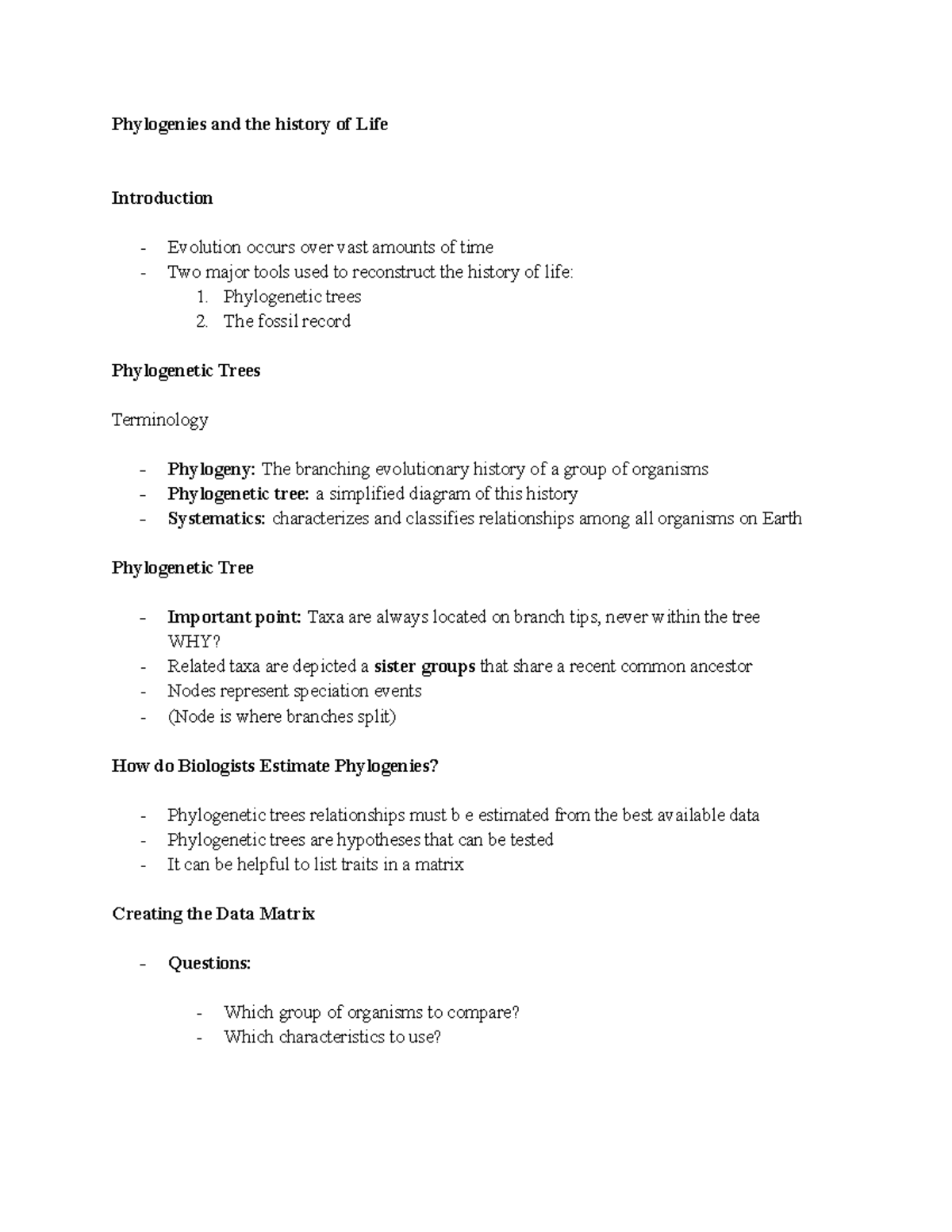 General Bio II - 9 26 - Notes - Phylogenies And The History Of Life ...