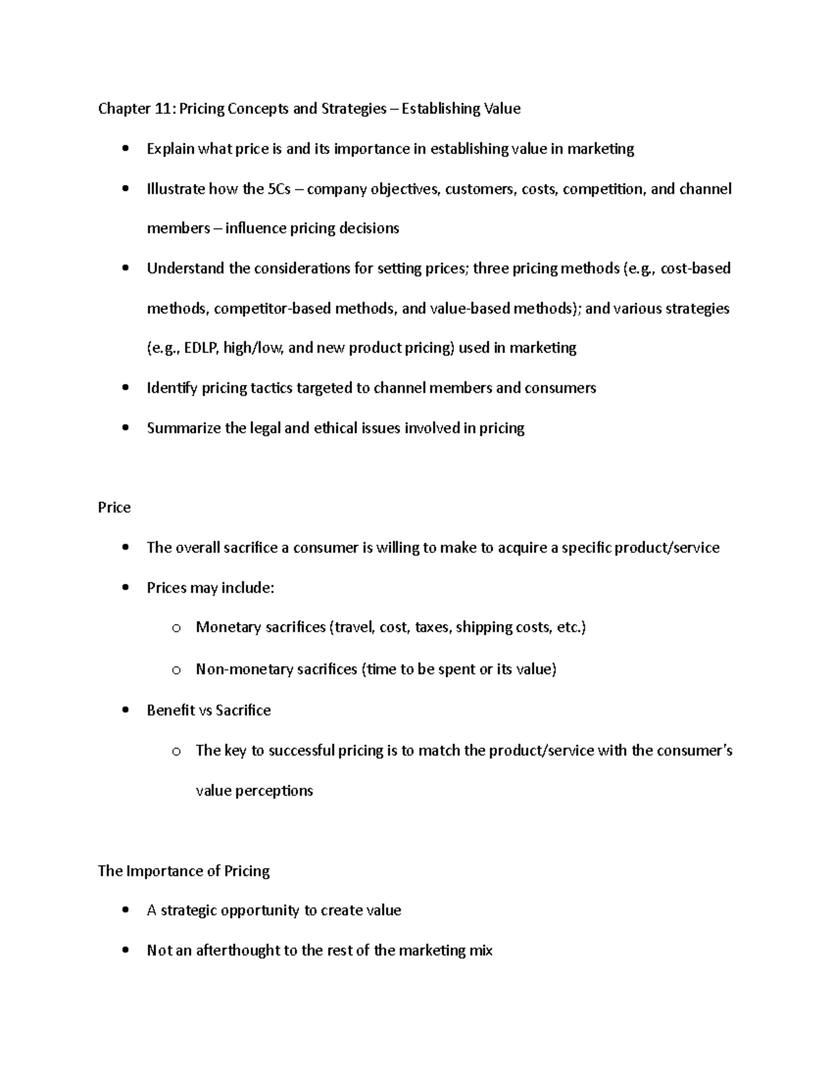 Chapter 11 - In class notes - Chapter 11: Pricing Concepts and ...