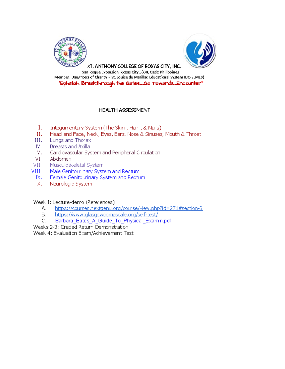 Health assessmen st anthony college of roxas city inc san roque