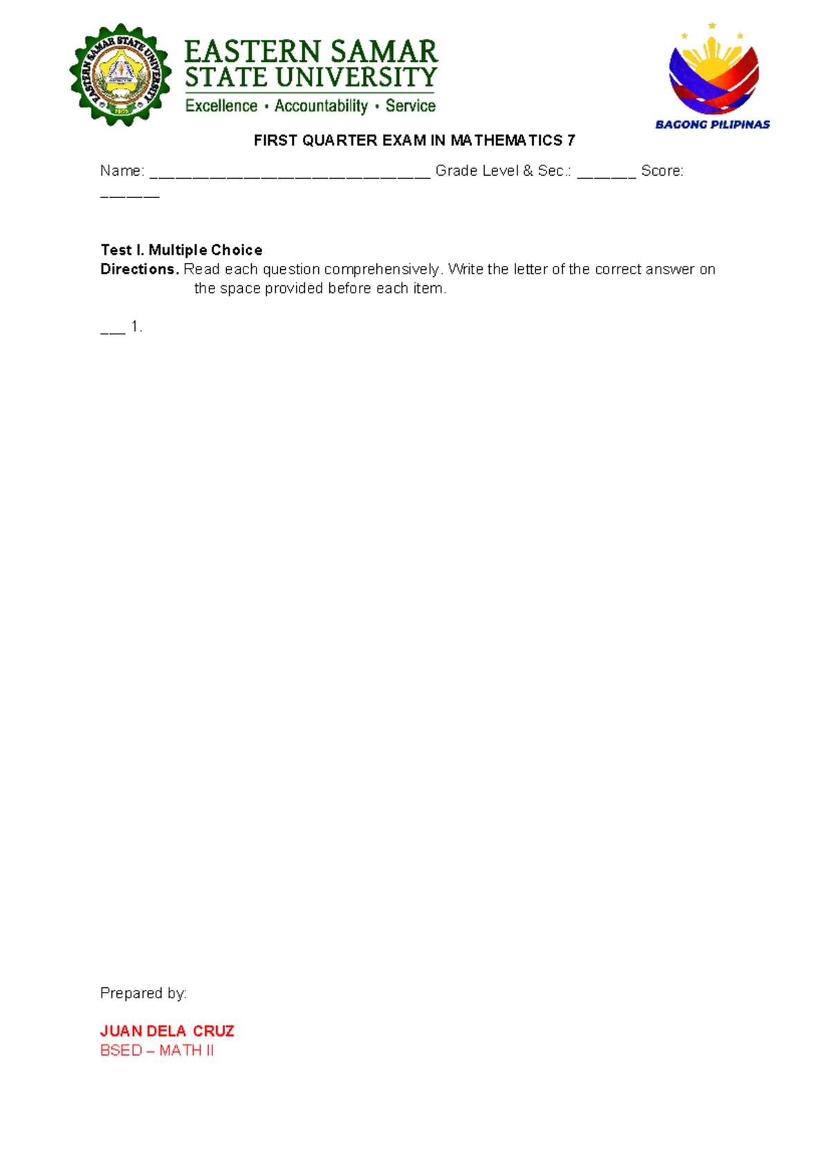 Test-Question-Template - English Reviewer - FIRST QUARTER EXAM IN ...