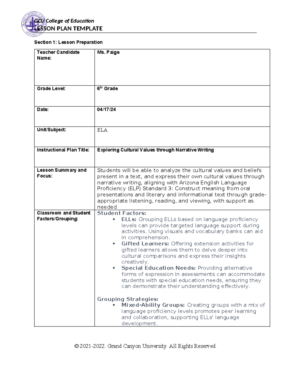 Benchmark lesson plan - assignment - LESSON PLAN TEMPLATE Section 1 ...