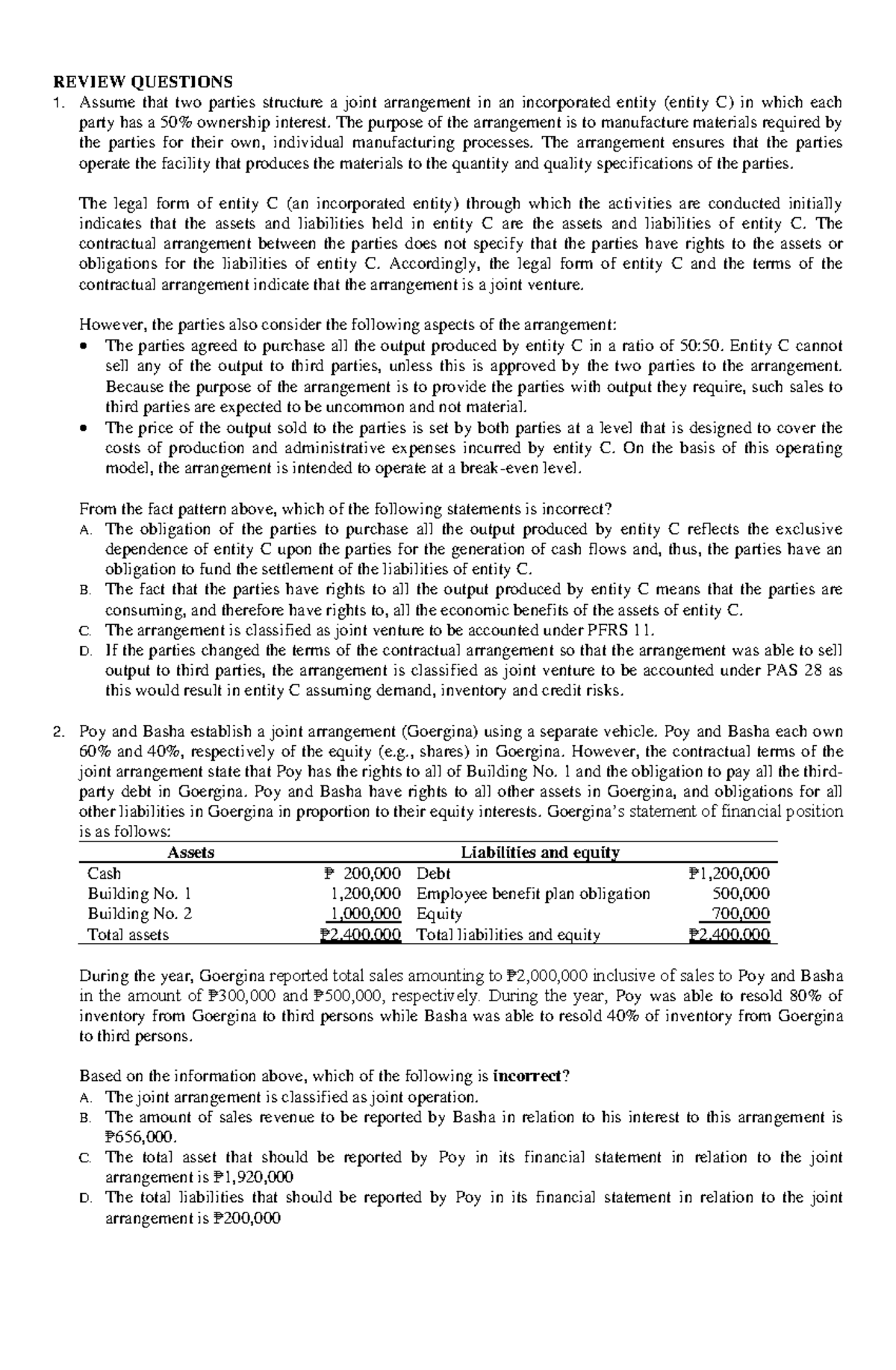 Joint-Arrangement - Joint Arrangement - REVIEW QUESTIONS Assume that ...