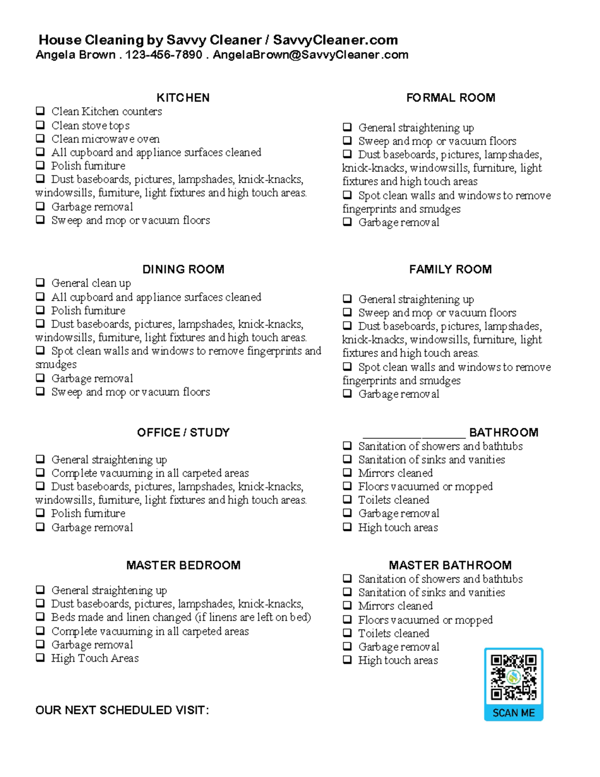 Angela Browns Worksheets 2022 Savvy Cleaner - House Cleaning by Savvy ...