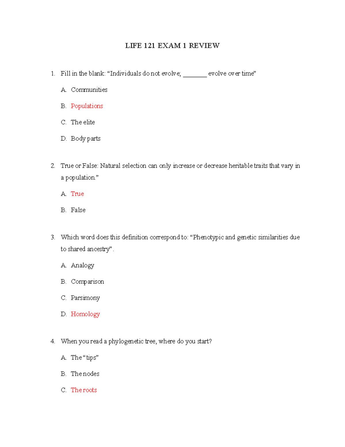 Life 121 Exam 1 Review Key - LIFE 121 EXAM 1 REVIEW Fill in the blank ...