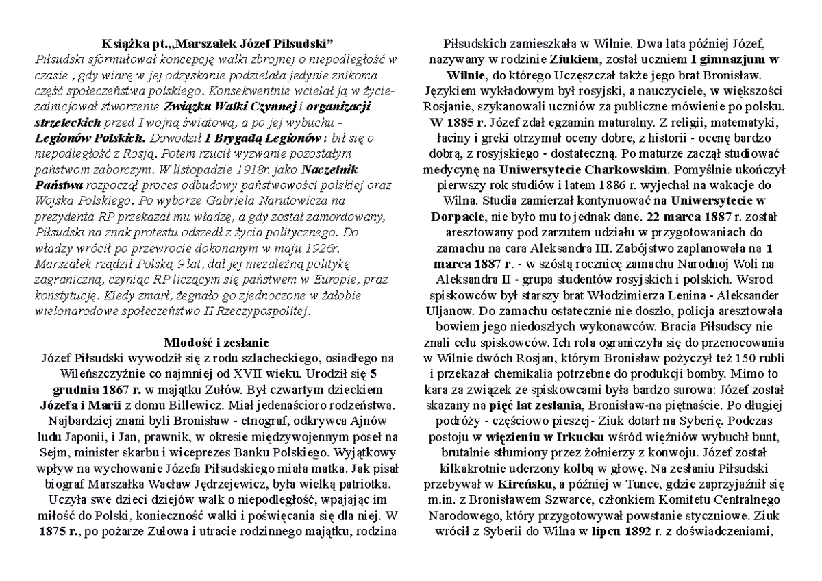 Józef Piłsudski - Książka pt.,,Marszałek Józef Piłsudski” Piłsudski
