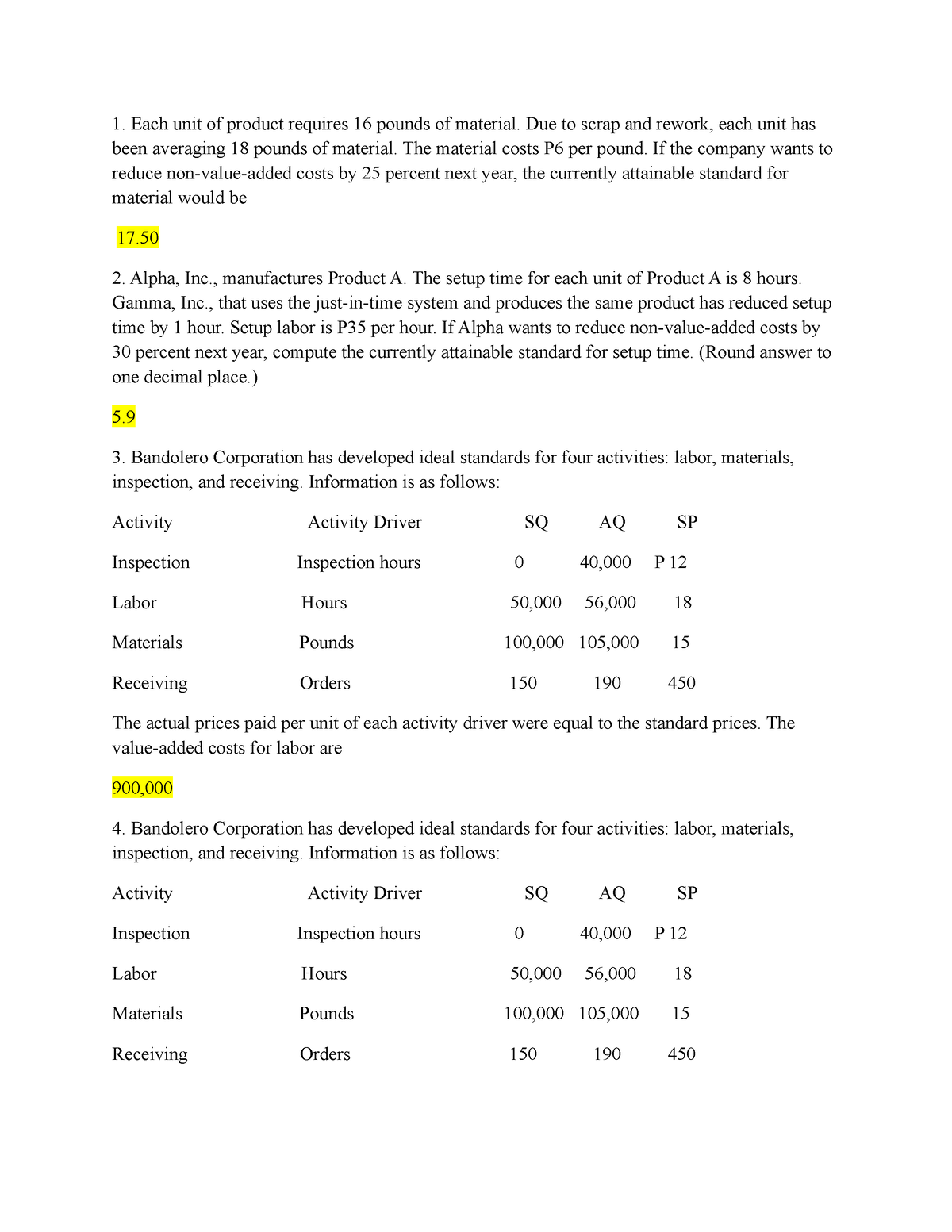 Cost Accounting - Quiz 2 - Each Unit Of Product Requires 16 Pounds Of ...