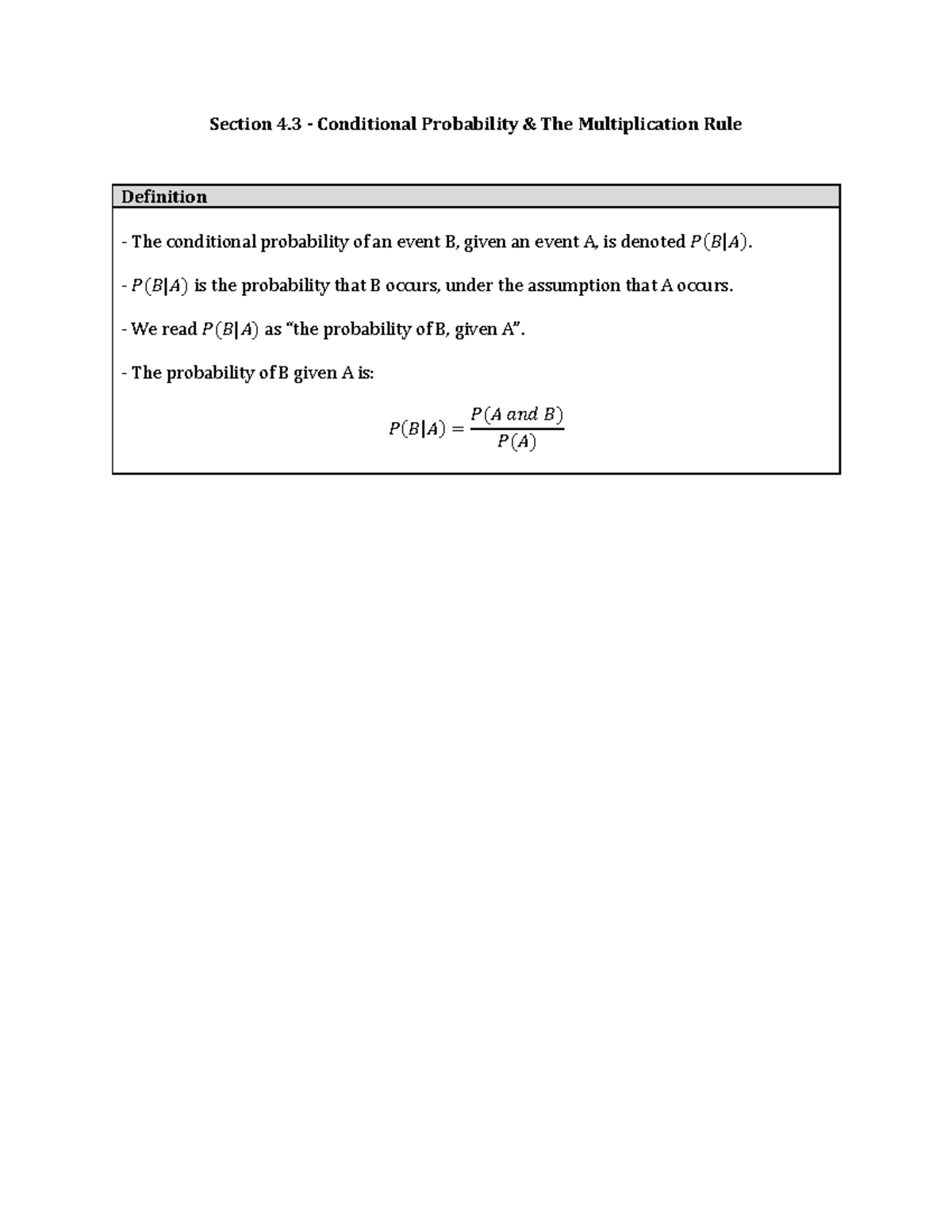 Section 4 - notes - Section 4 - Conditional Probability & The ...