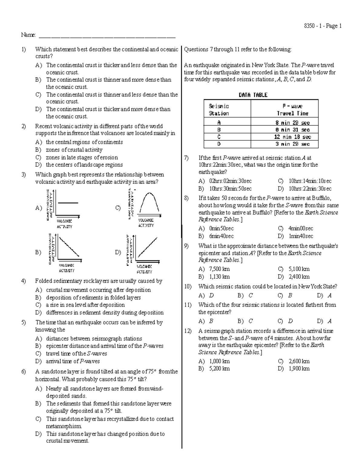 EQinterior Earth science regents use your reference table Name