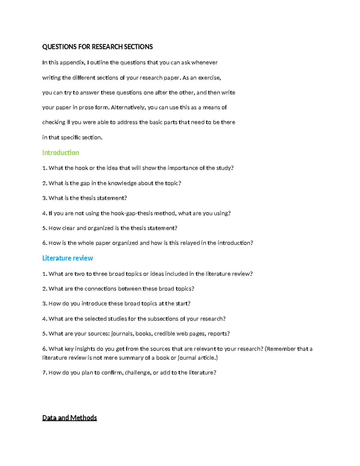 Share research Questionnaires - QUESTIONS FOR RESEARCH SECTIONS In this ...