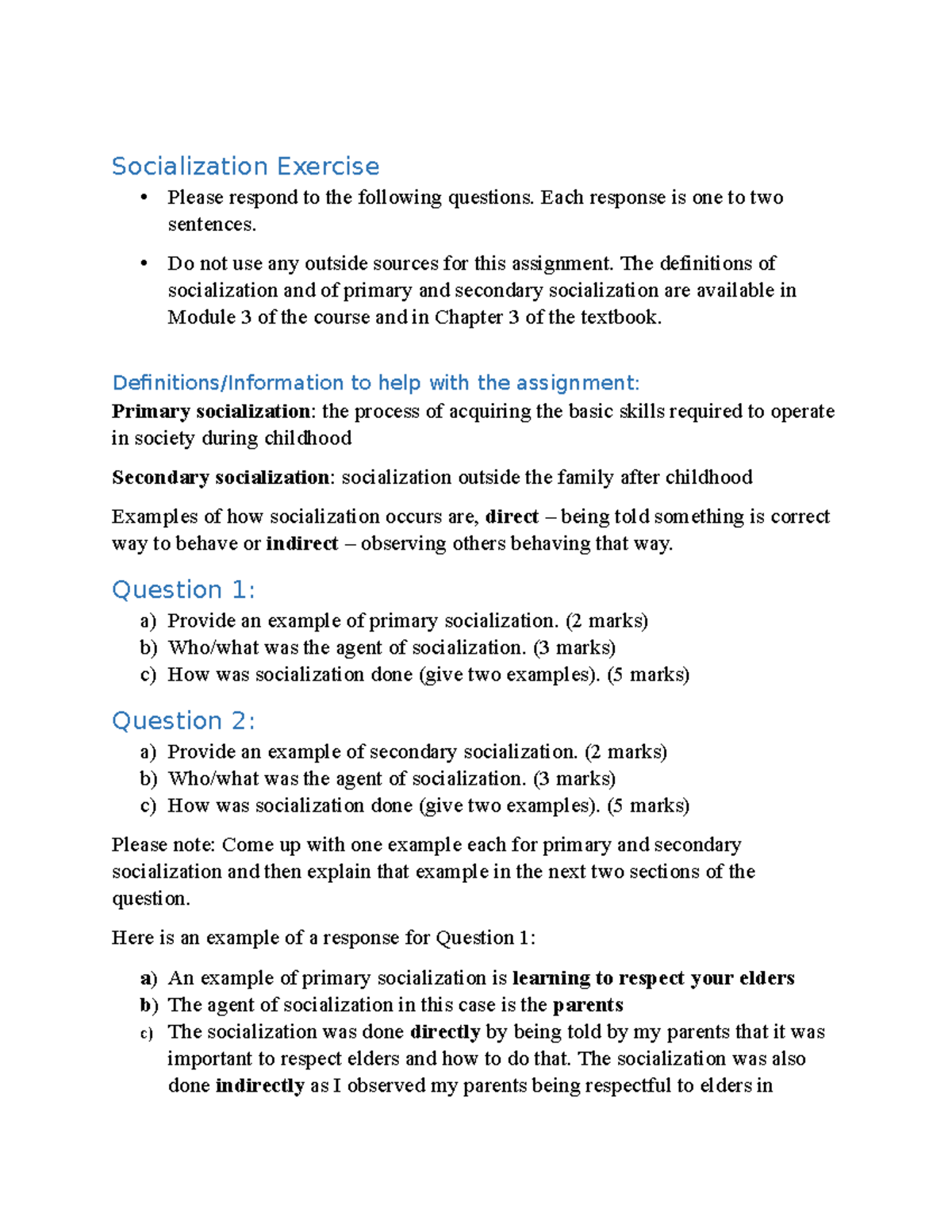 In Class Assignment socialization - Socialization Exercise Please ...