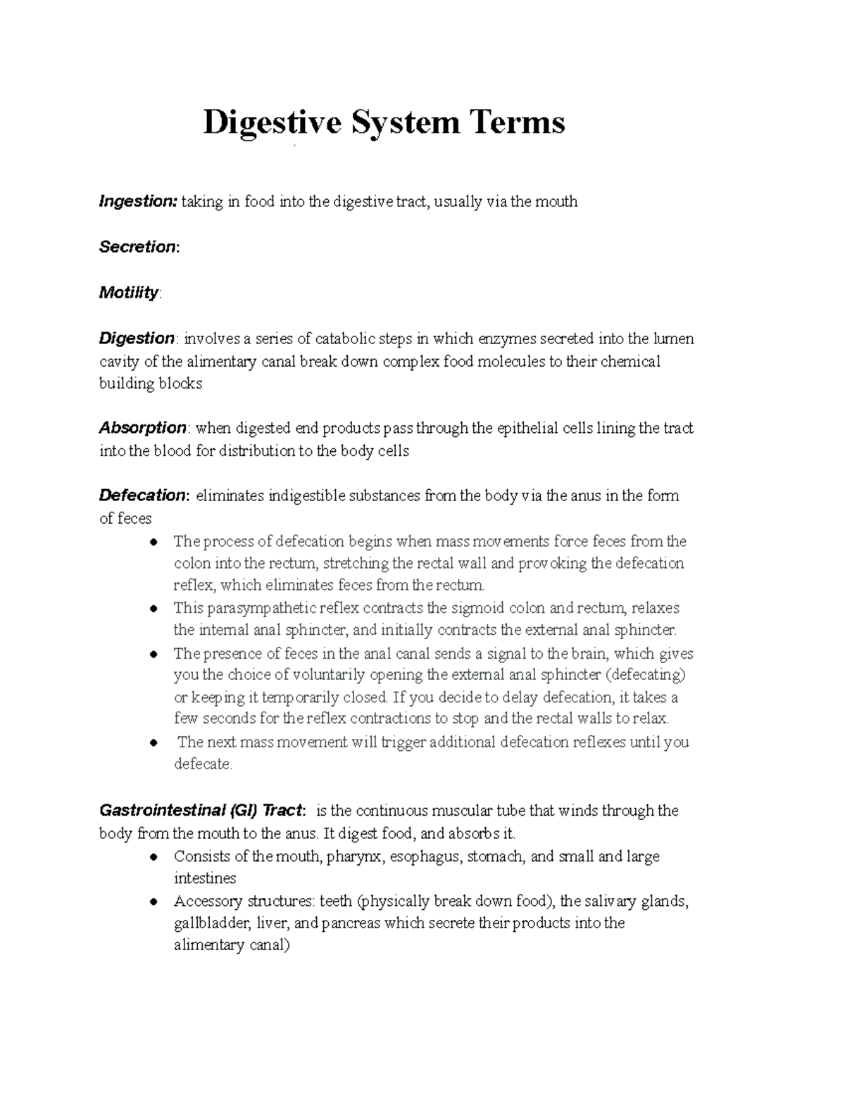 Digestive System Terms - This parasympathetic reflex contracts the ...