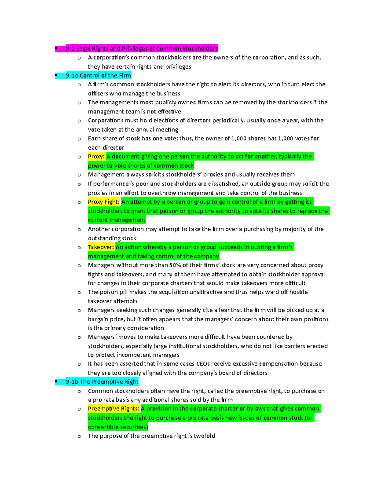 Finance Chapter 9 Notes From Textbook 9 1 Legal Rights And