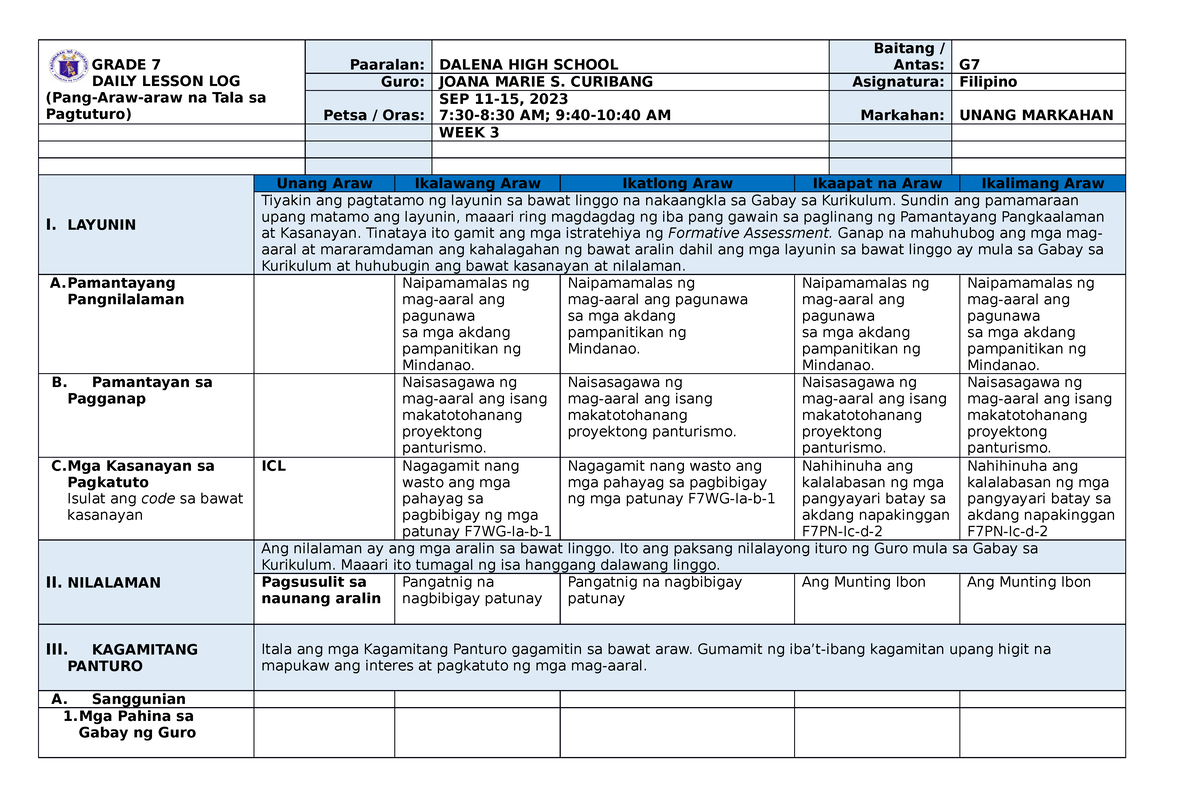 FAralin 1.2 Docx - DAILY LESSON LOG - GRADE 7 DAILY LESSON LOG (Pang ...