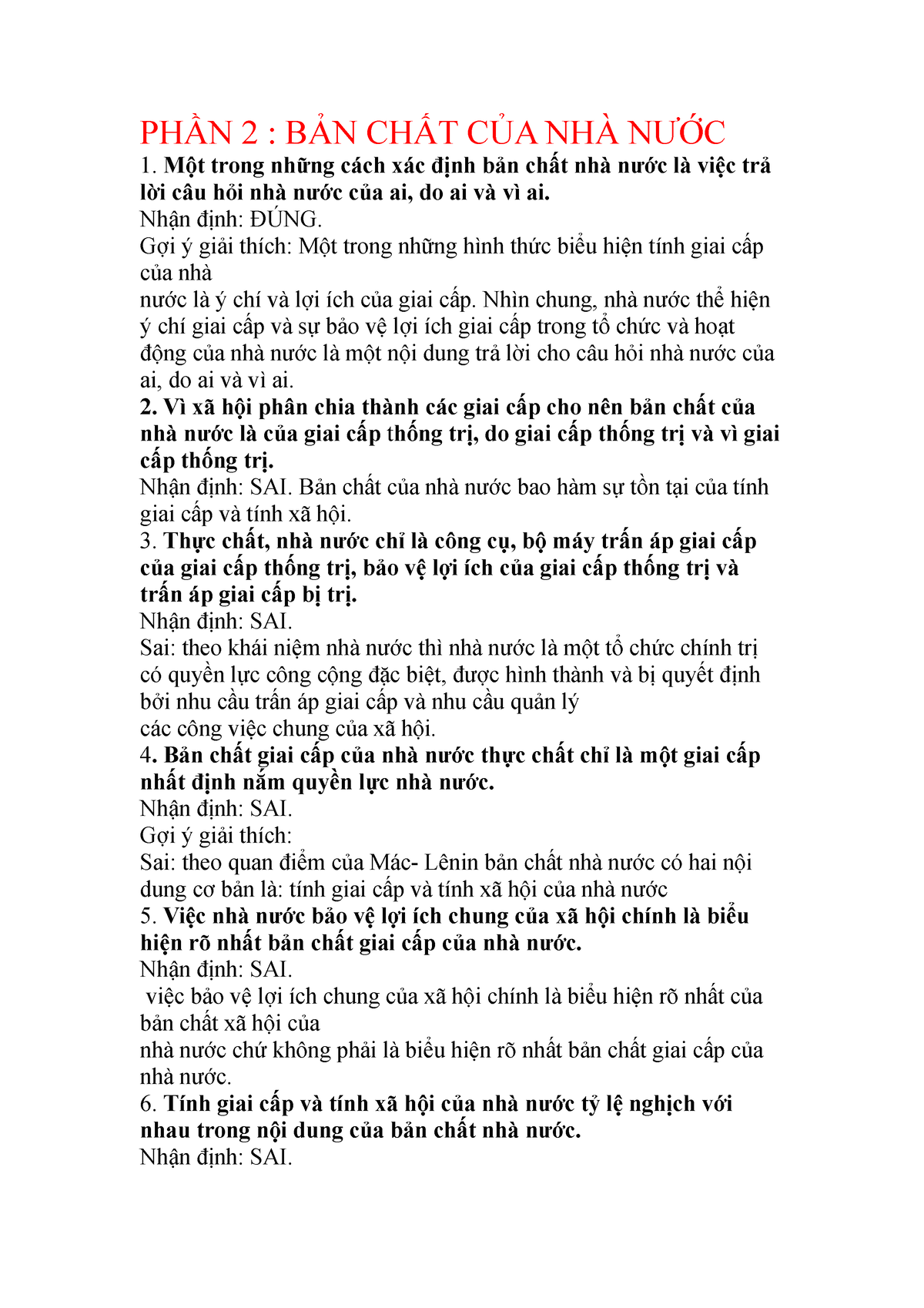 Nhận định Đúng Sai LLNN - PHẦN 2 : BẢN CHẤT CỦA NHÀ NƯỚC Một trong những cách xác định bản chất nhà - Studocu