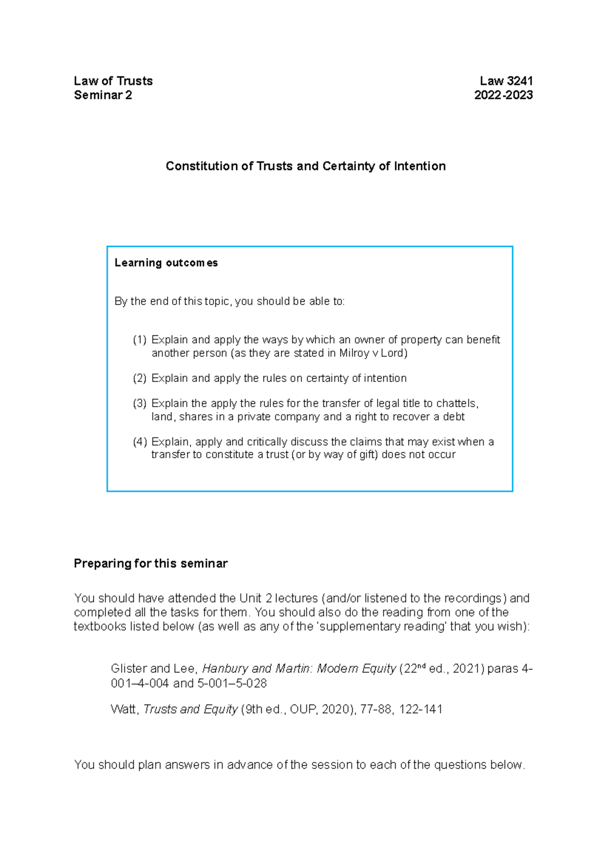 Trusts 2 - Seminar (2023) - Law of Trusts Law 3241 Seminar 2 2022 ...