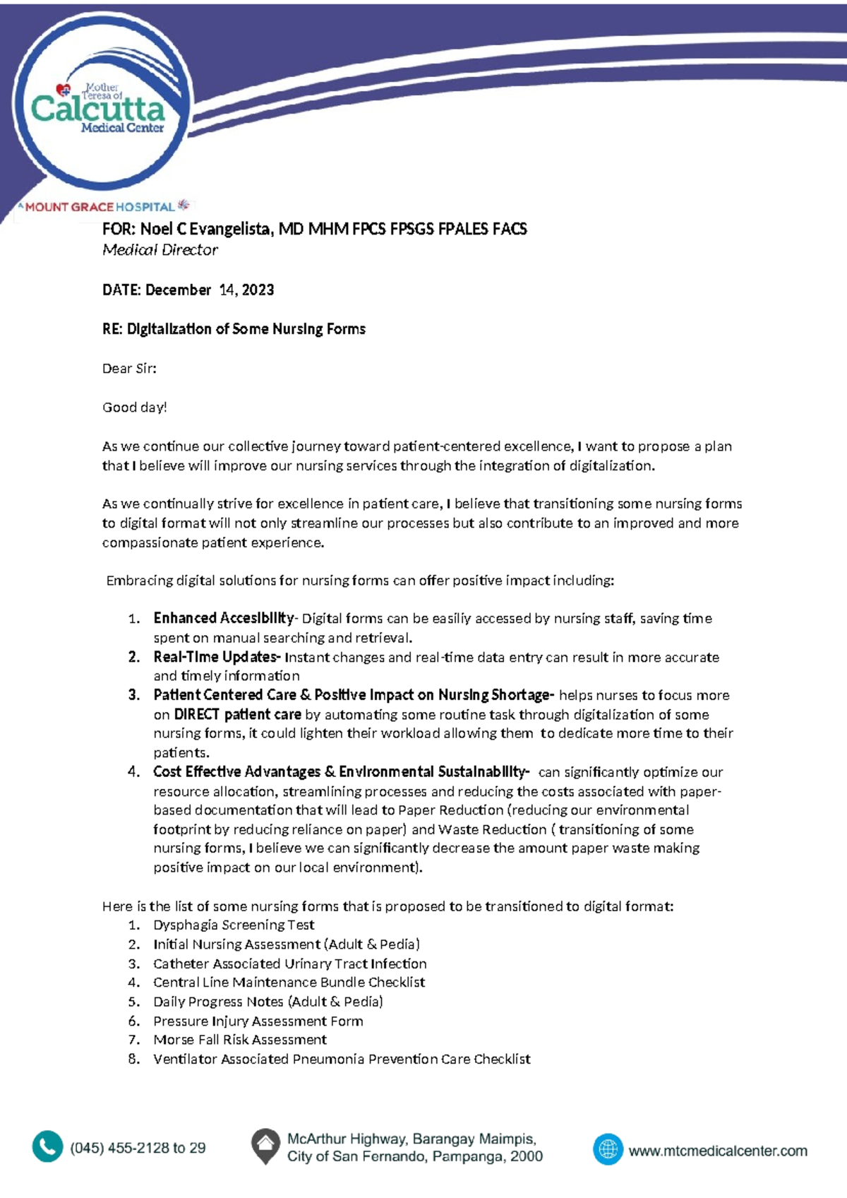 Request of Digitalization of Nursing Forms - FOR: Noel C Evangelista ...