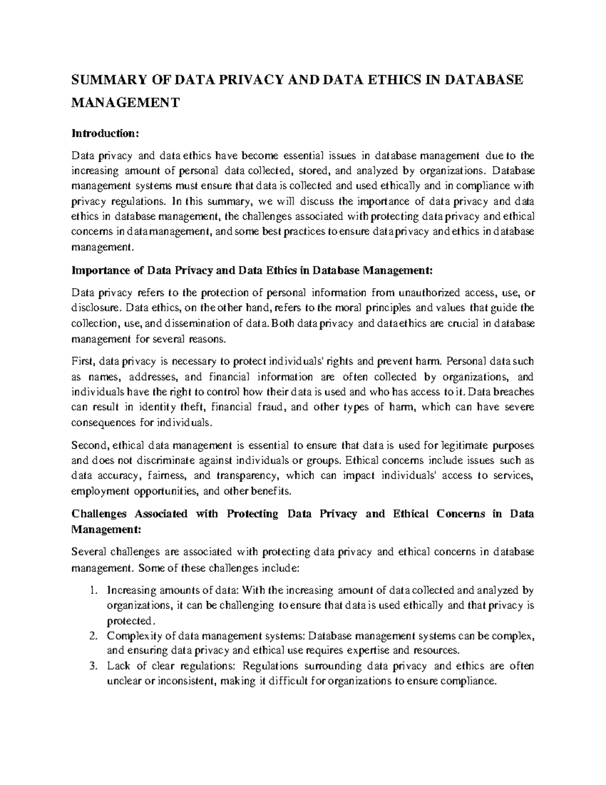 Summary of Data Privacy and Data Ethics in Database Management ...