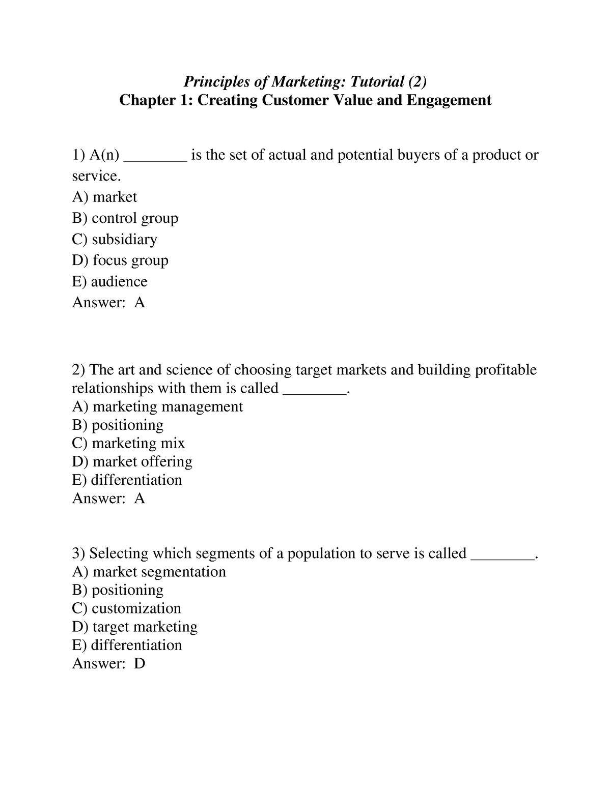 principles of marketing assignment questions