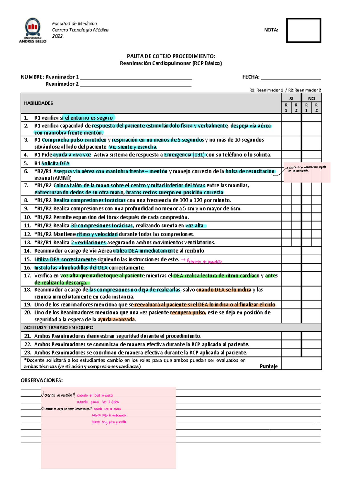 Pauta+ Cotejo+ Evaluaci%C3%96N+RCP+2024 - Facultad de Medicina. Carrera ...