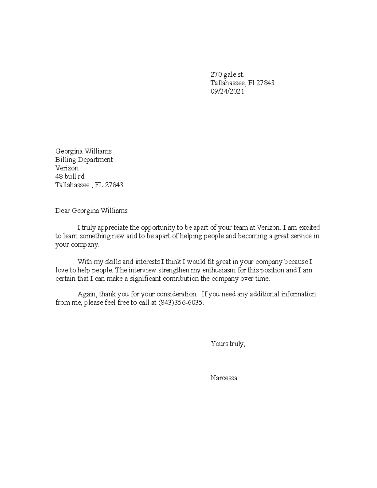 Thank YOU Letter Template - 270 gale st. Tallahassee, Fl 27843 09/24 ...