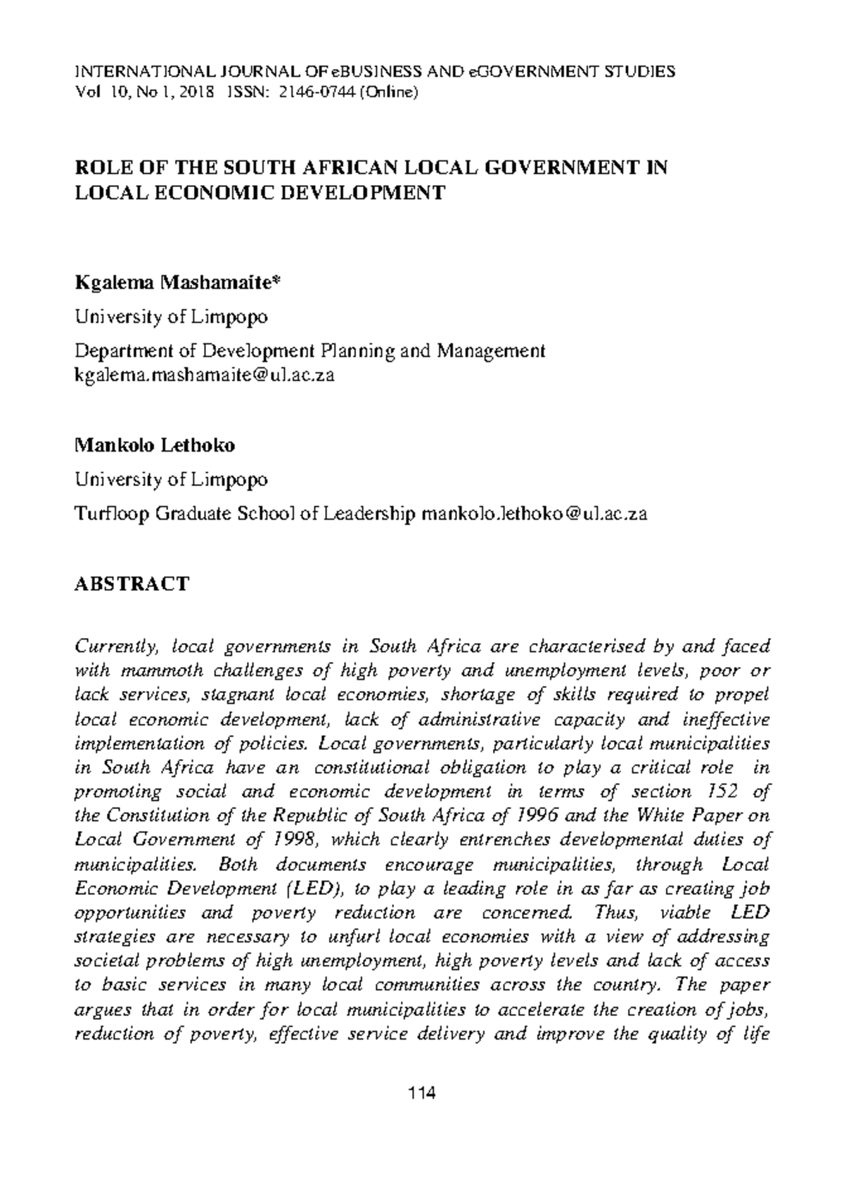 ROLE OF THE South African Local Government IN Local Economic ...