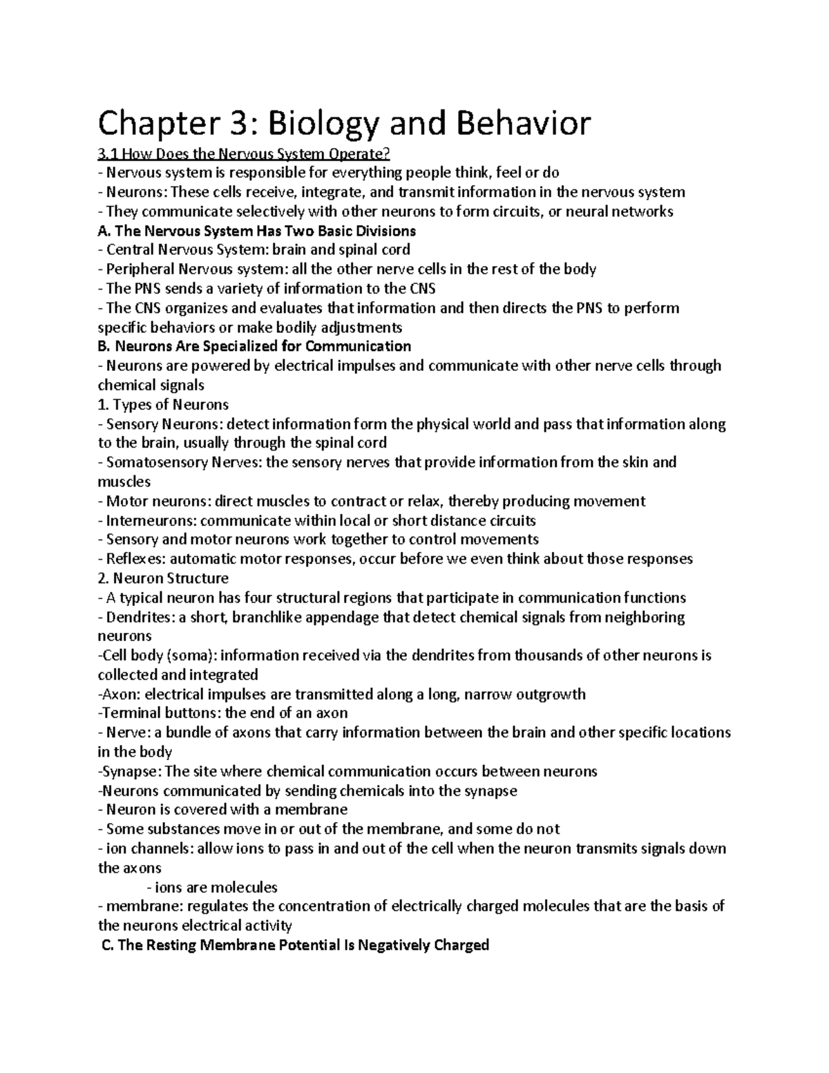 Chapter 3 - Lecture notes 3 - Chapter 3: Biology and Behavior 3 How ...