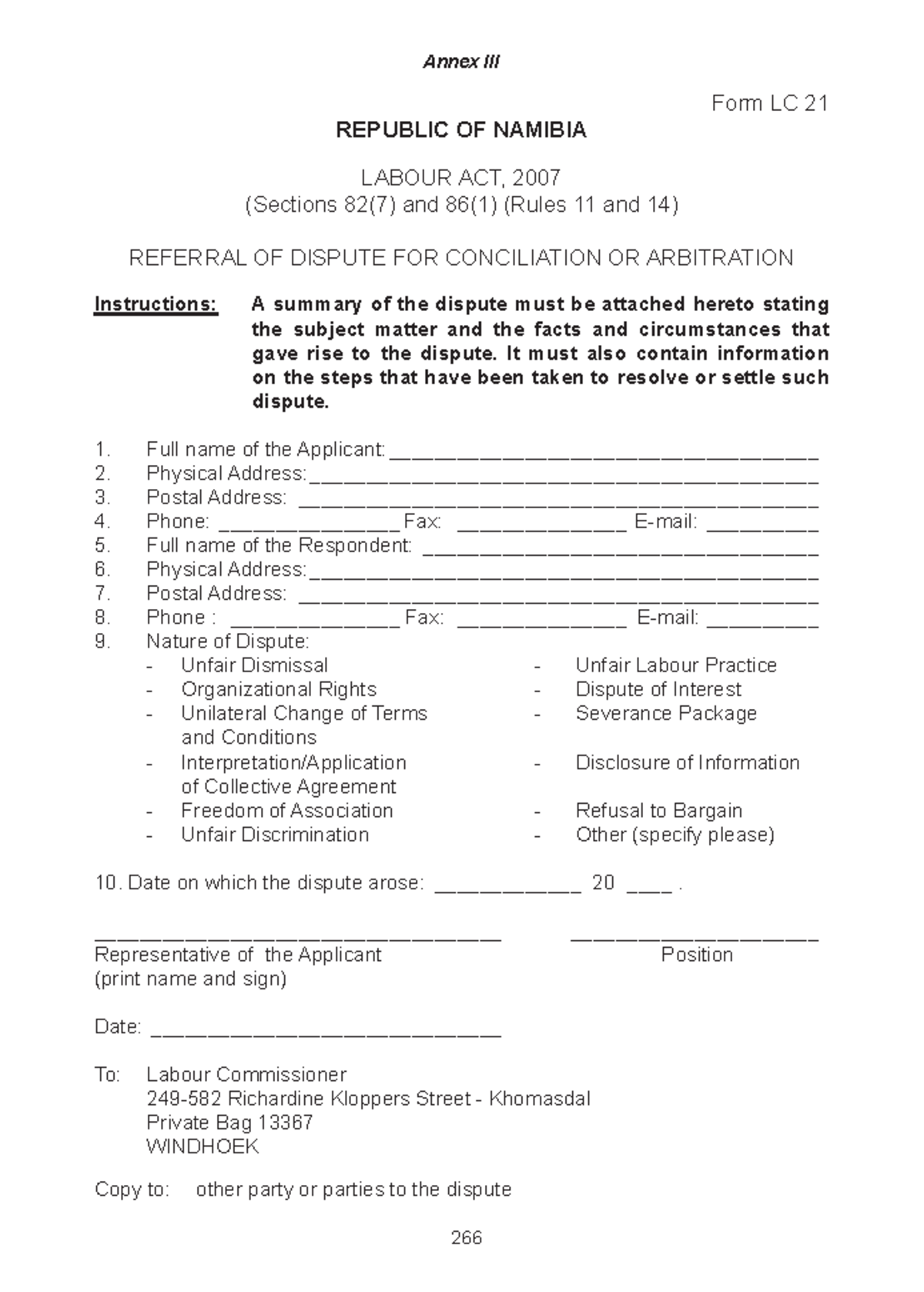 Forms 21 & 36 - Annex III 266 Form LC 21 REPUBLIC OF NAMIBIA LABOUR ACT ...