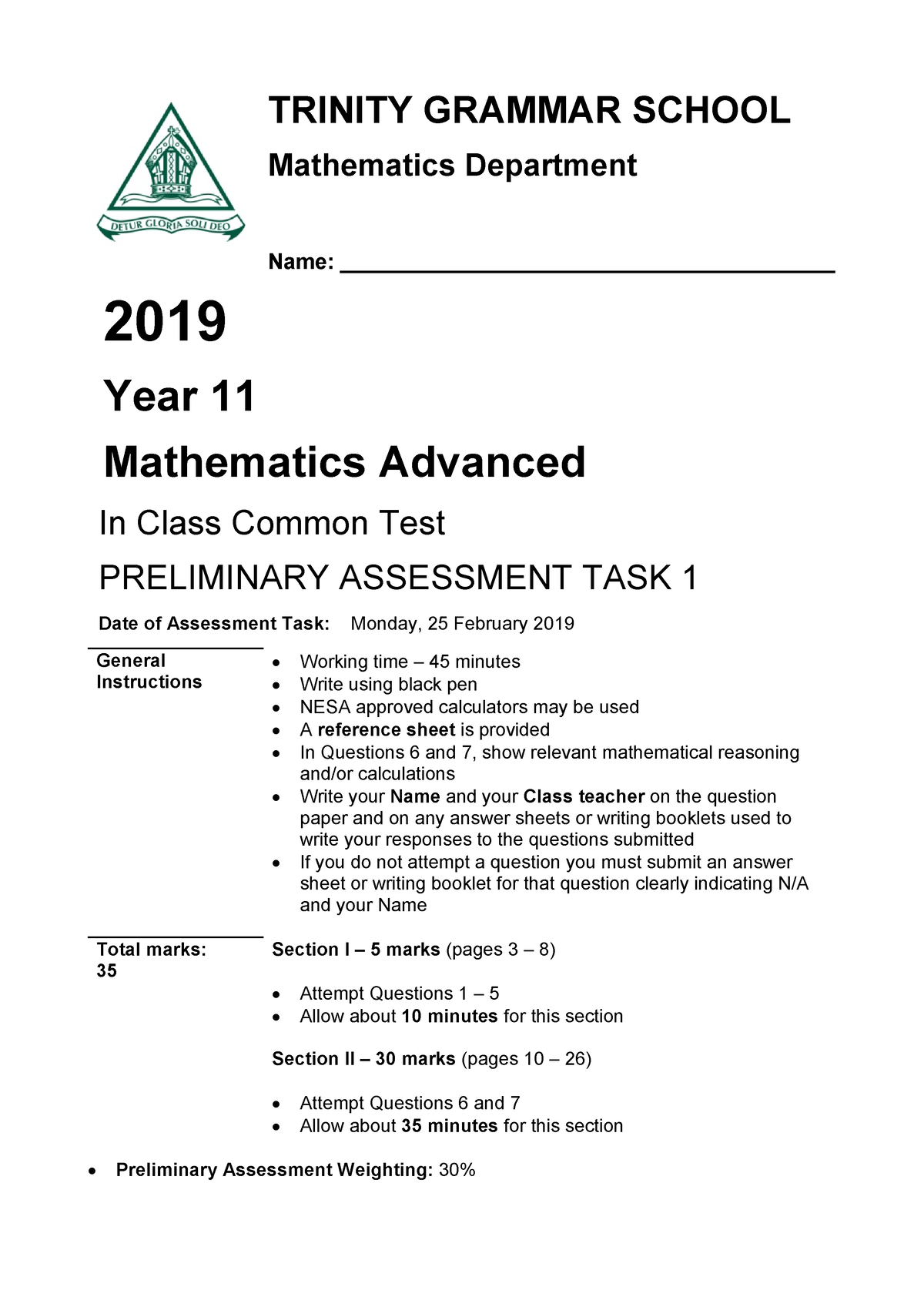 2019 Preliminary MA Task 1 - TRINITY GRAMMAR SCHOOL Mathematics ...