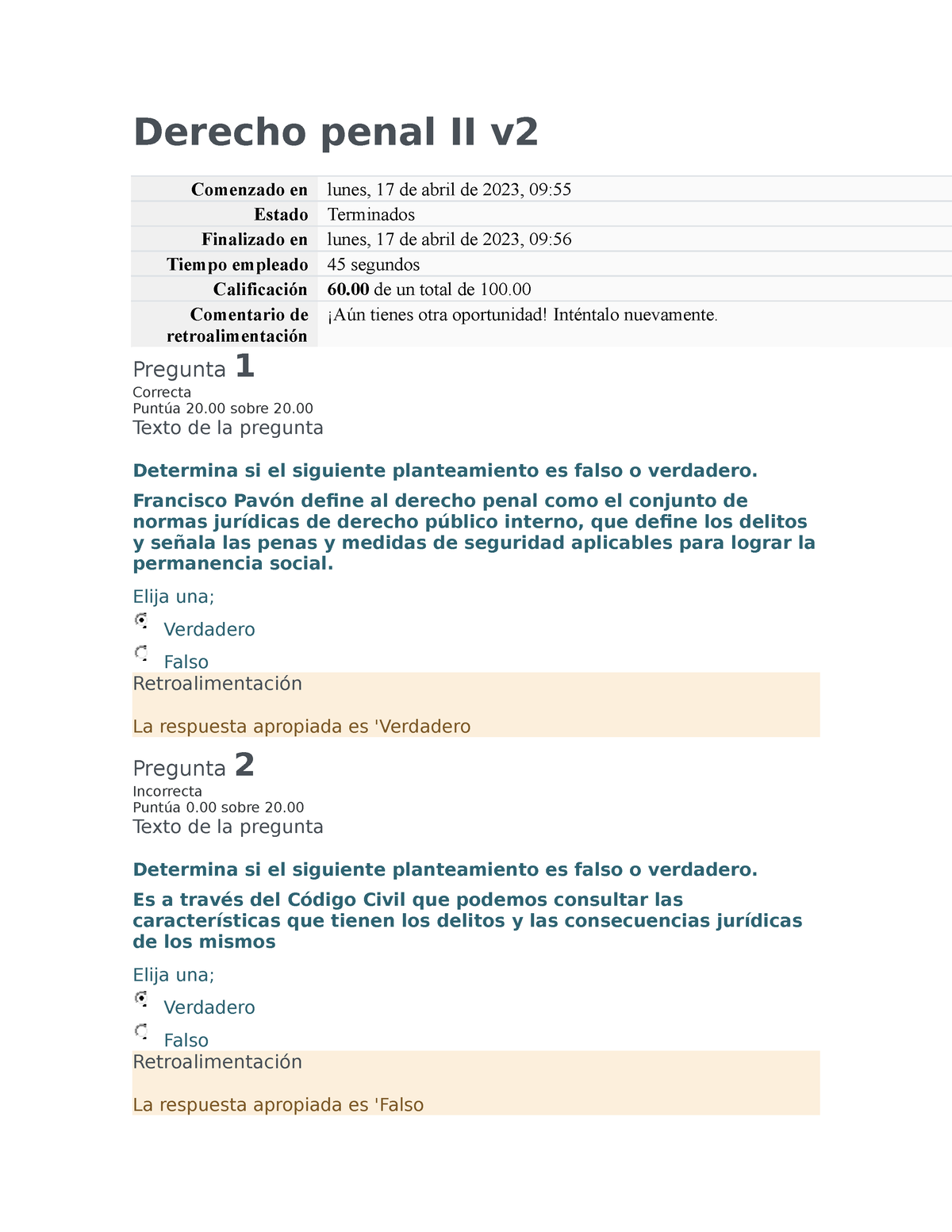 Derecho Penal II V1 - Derecho Penal II V Comenzado En Lunes, 17 De ...