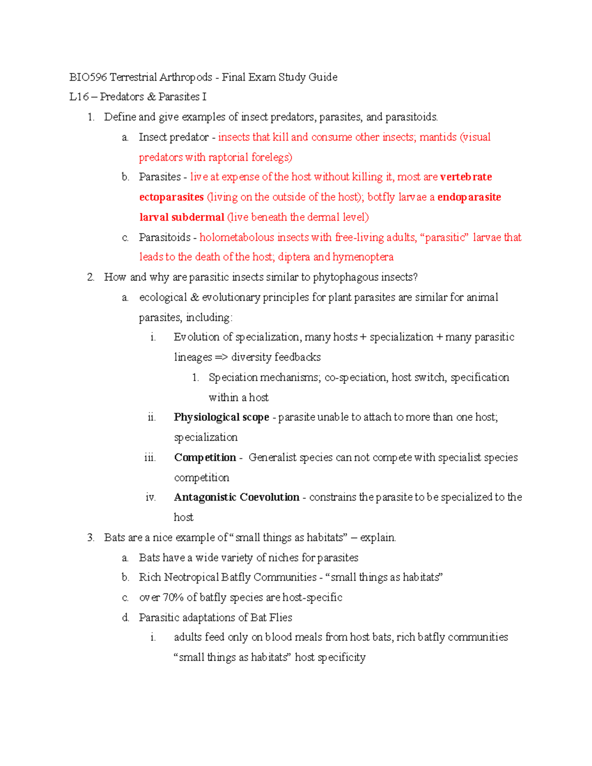 BIO596 Terrestrial Arthropods - Final Exam Study Guide - Define and ...