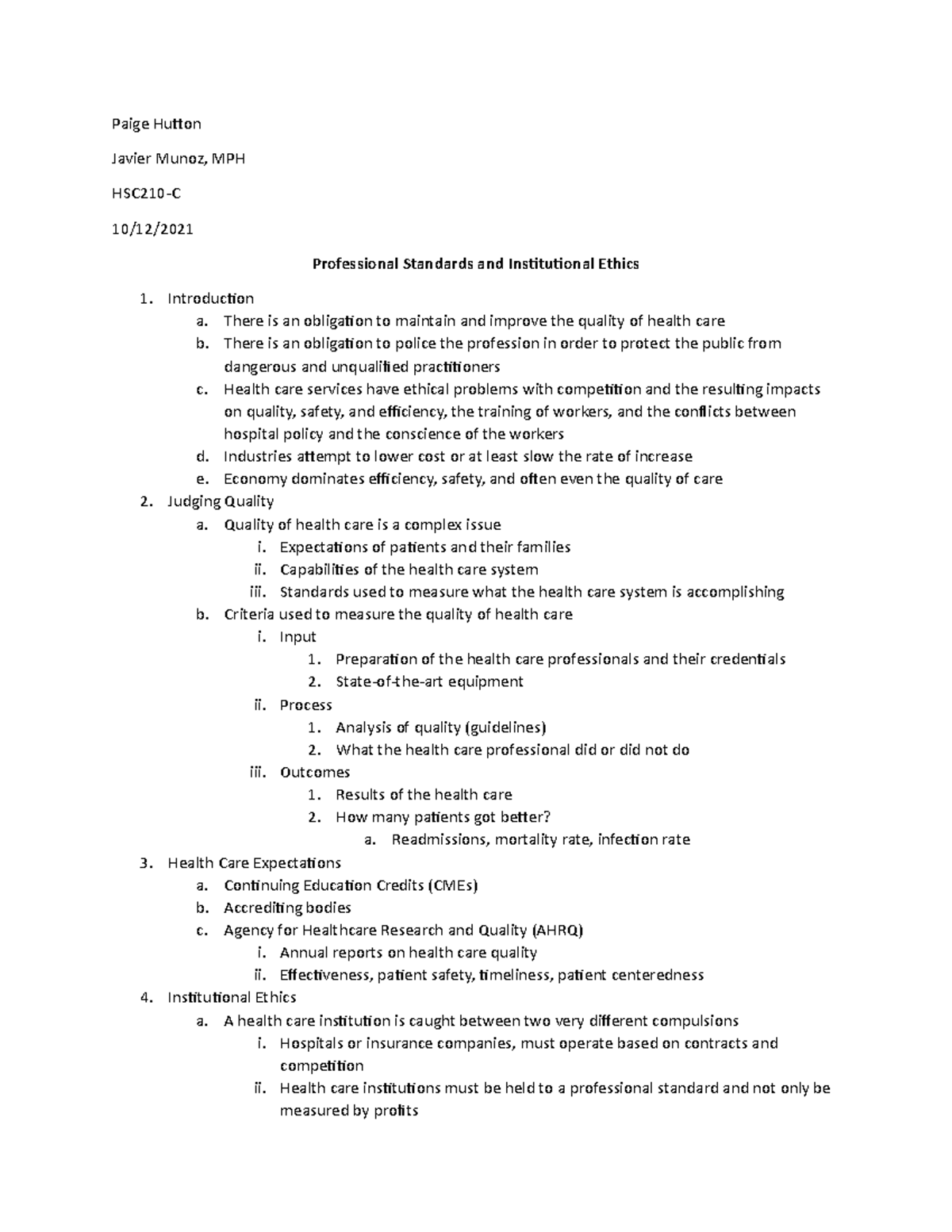 HSC210 Professional Standards and Institutional Ethics Notes - Paige ...