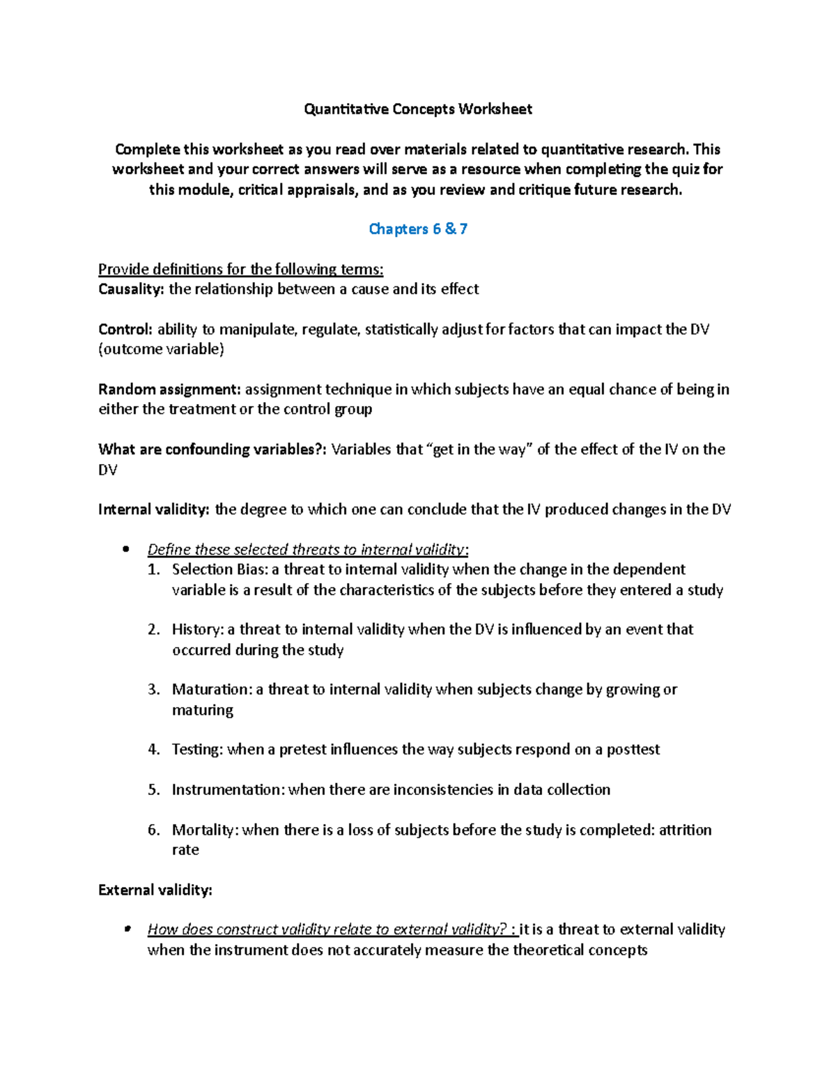 Quantitative Research Worksheet Quantitative Concepts Worksheet