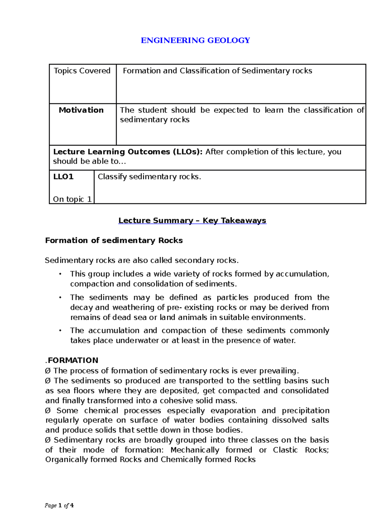 Formation and Classification of Sedimentary rocks - ENGINEERING GEOLOGY ...