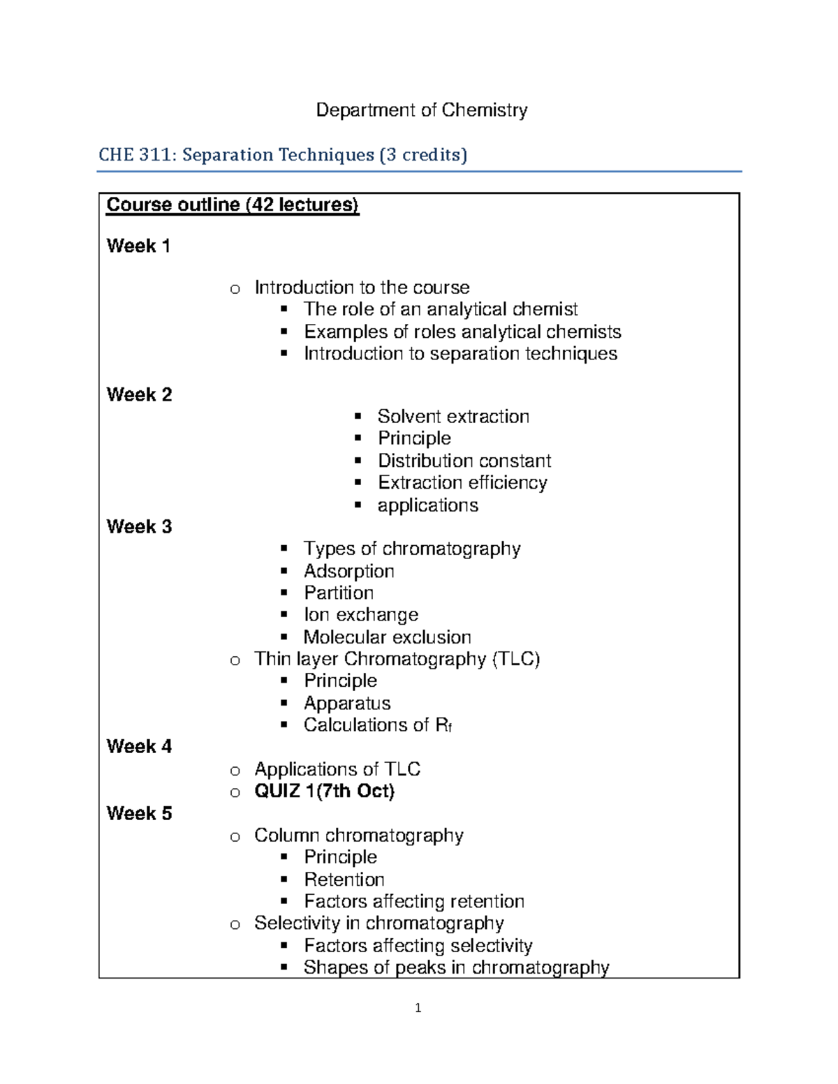 CHE 311 course outline pdf - Department of Chemistry CHE 311 ...