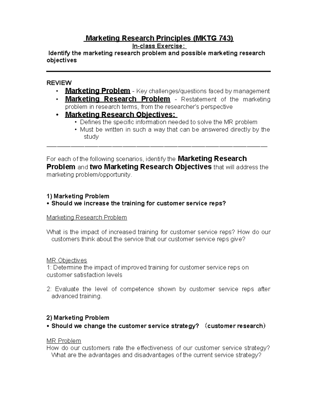 In-Class Assignment - Marketing Research Principles (MKTG 743) In-class ...