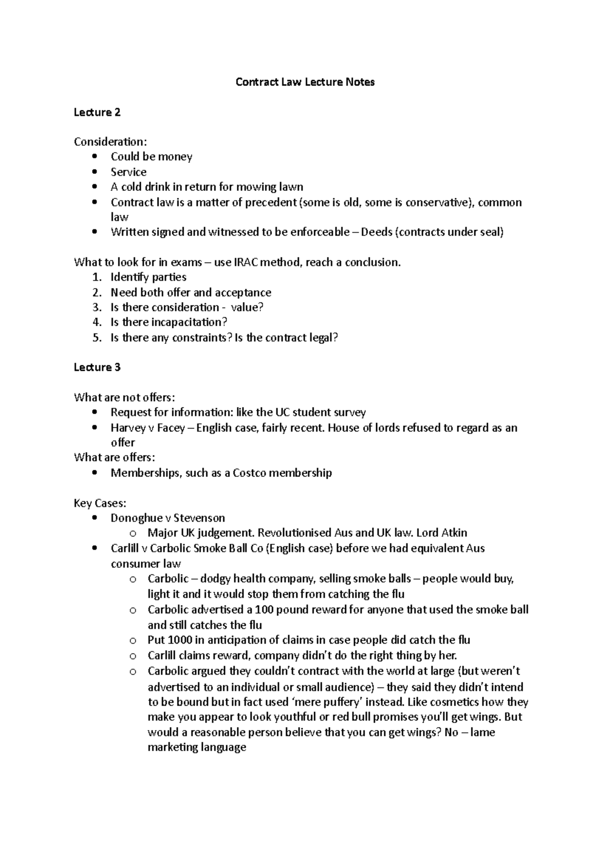 Contract Law Lecture Notes - Contract Law Lecture Notes Lecture 2 ...