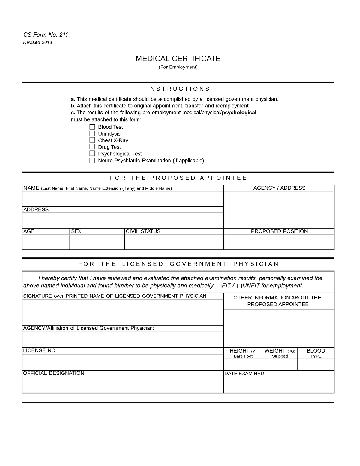 Cs Form No Files Cs Form No 211 Revised 2018 Medical Certificate For Employment I N S T R 6727