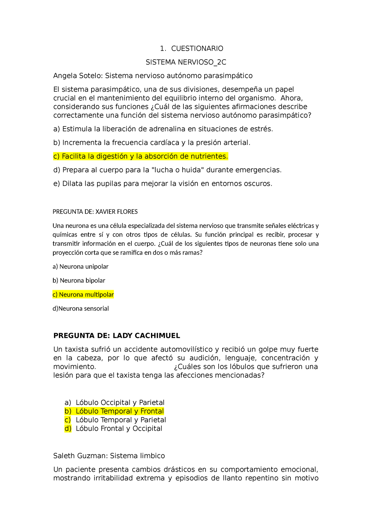 Sistema Nervioso - 1. CUESTIONARIO SISTEMA NERVIOSO_2C Angela Sotelo ...