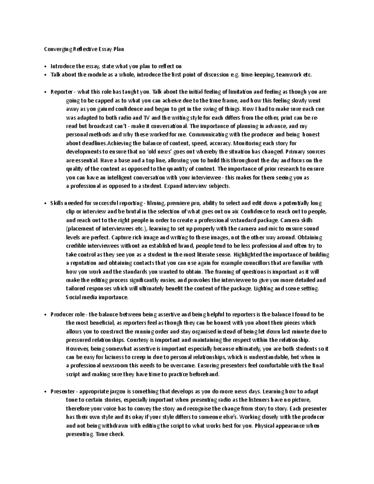 Converging Reflective Essay Plan - Converging Reflective Essay Plan ...