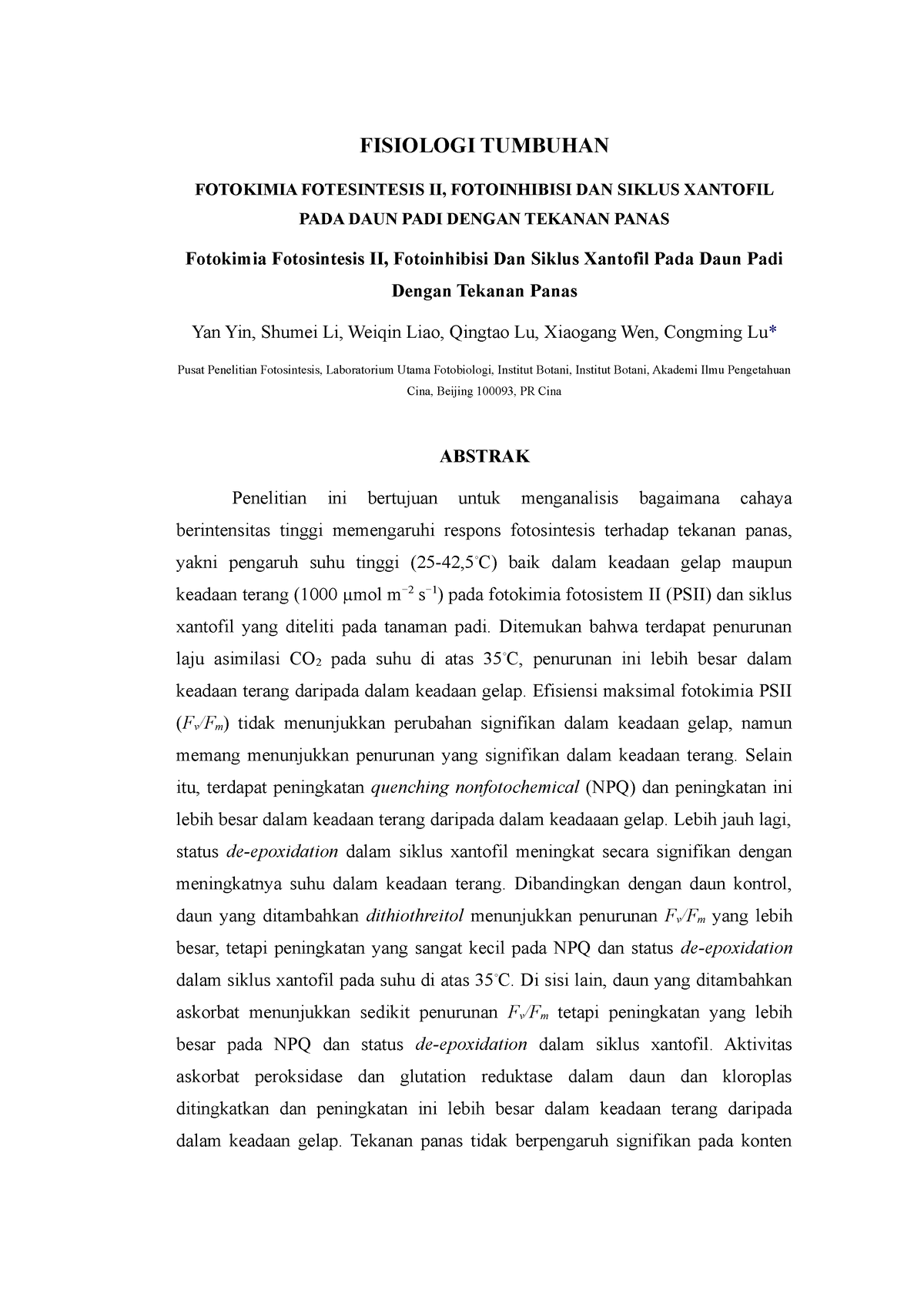 Fisiologi Tumbuhan 1 Fisiologi Tumbuhan Fotokimia Fotesintesis Ii