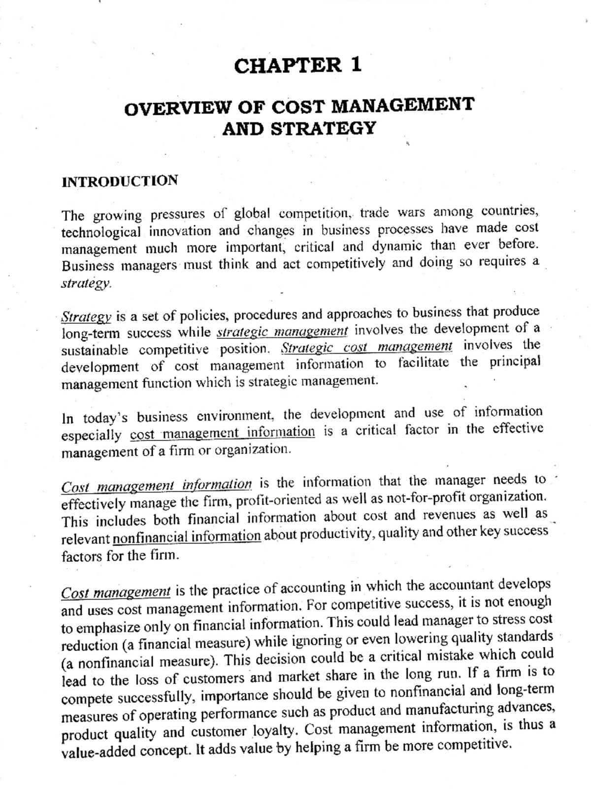 Chapter 1 Strategic Cost Management - BS accountancy - Studocu