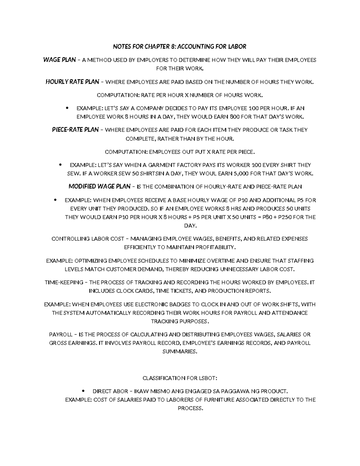 Notes FOR Chapter 8 - NOTES FOR CHAPTER 8: ACCOUNTING FOR LABOR WAGE ...
