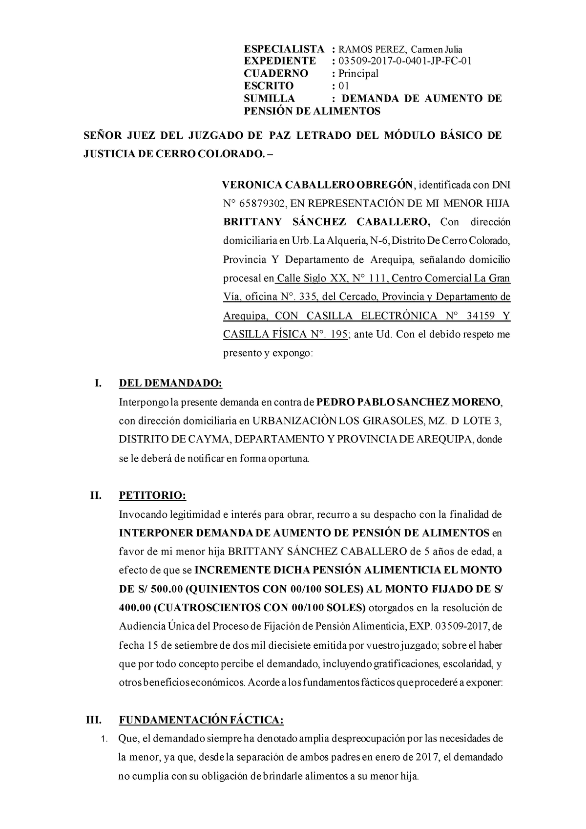 demanda aumento de pension de alimentos - ESPECIALISTA : RAMOS PEREZ ...