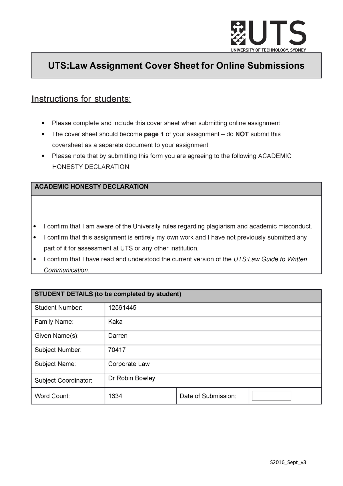 Corporate Law Assignment Utslaw Assignment Cover Sheet For Online Submissions In S Tructions 