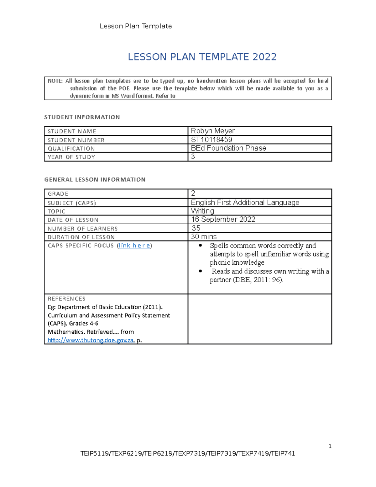 Writing lesson LESSON PLAN TEMPLATE 2022 STUDENT INFORMATION STUDENT