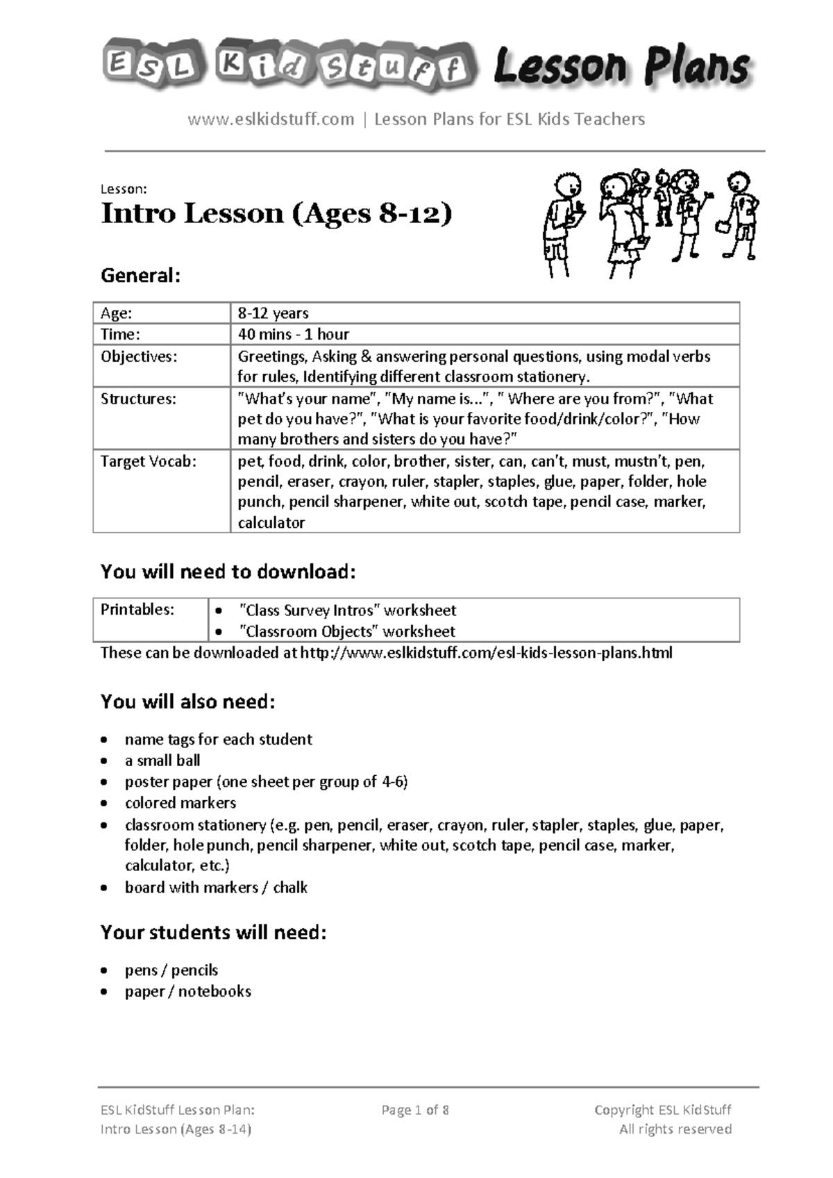 Intro lesson older kids - ####### ESL KidStuff Lesson Plan ...