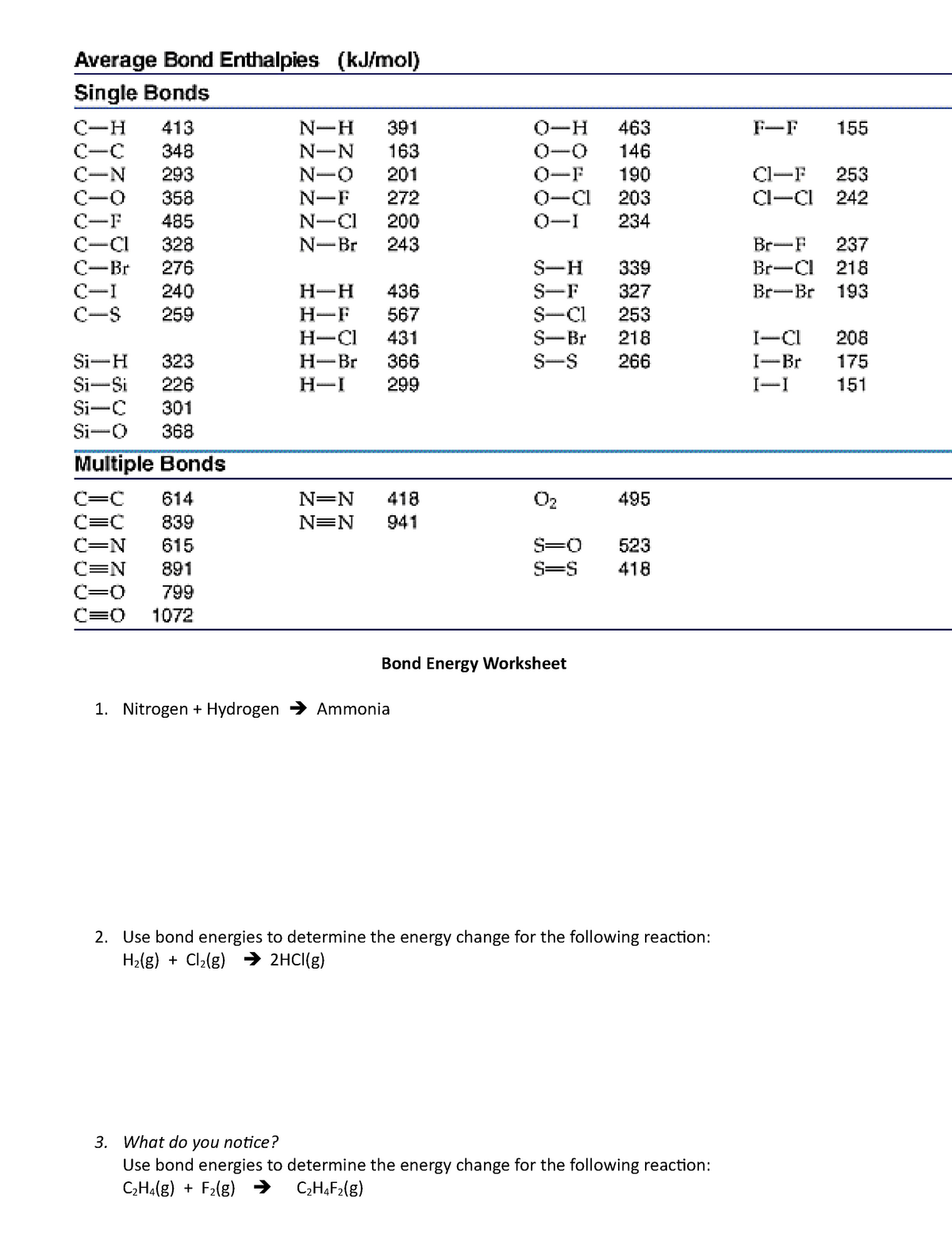 13112017 bond Energy Calculations Year 10 Bond Energy Worksheet Nitrogen Hydrogen Ammonia 