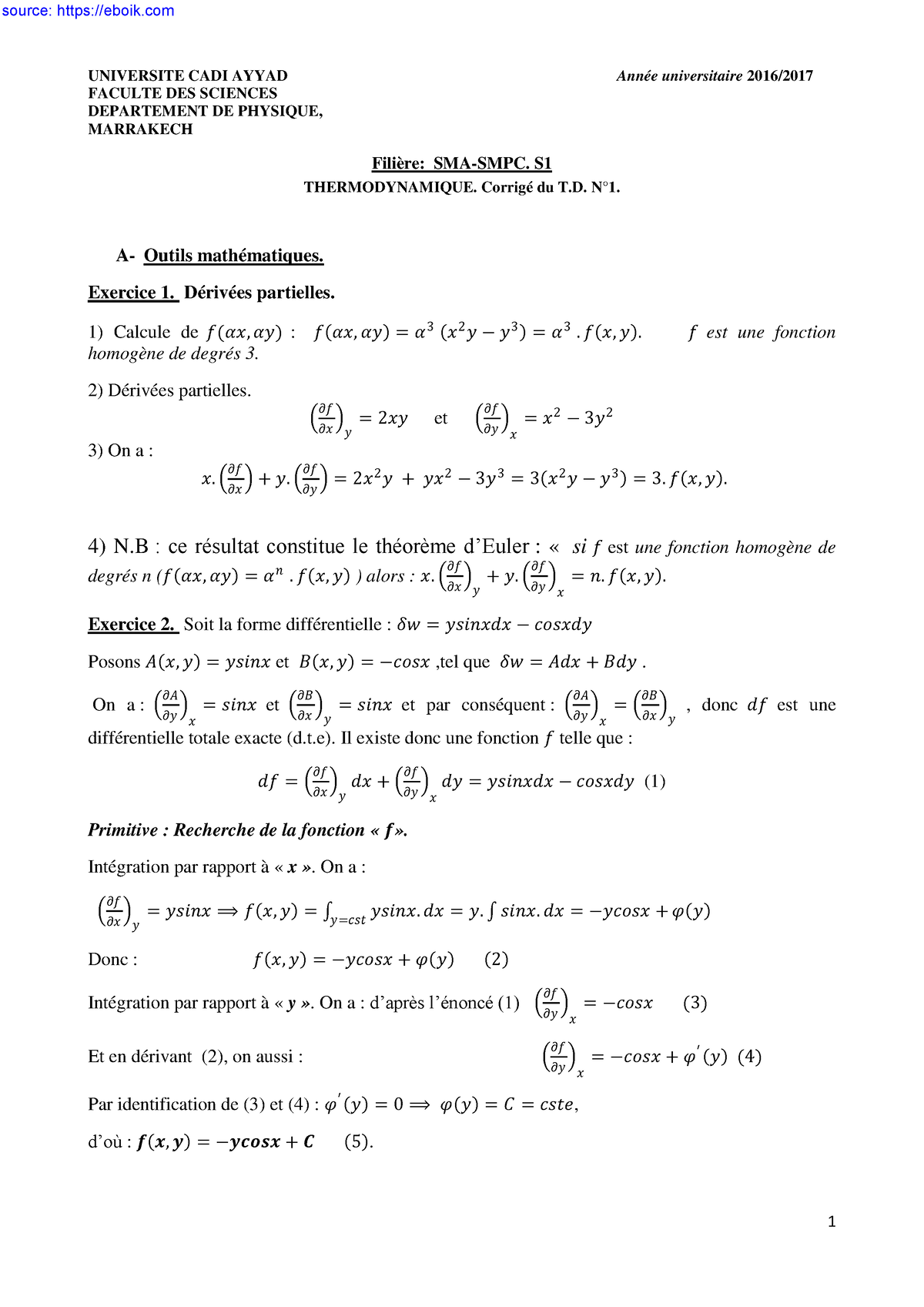 Exercices Et Examens Corrigés Thermodynamique 1 PDF - UNIVERSITE CADI ...