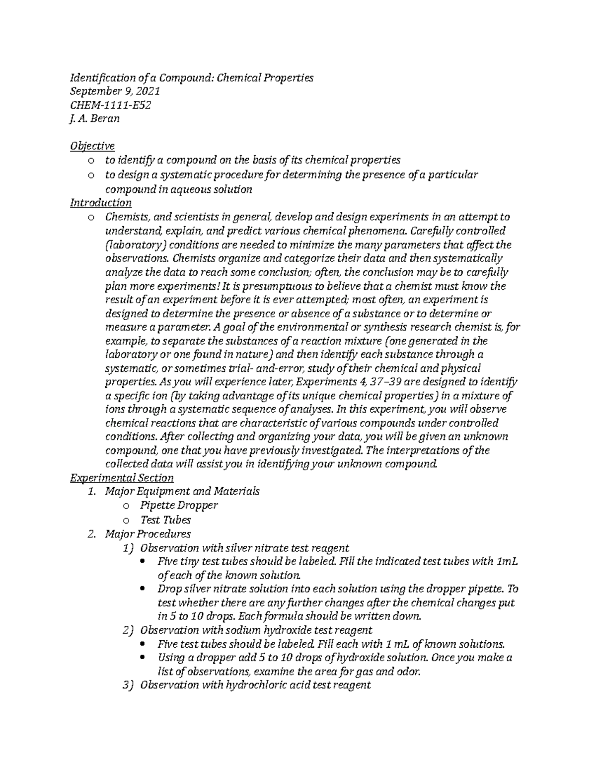 Lab Report 2-General Chemistry Information - Identification of a ...