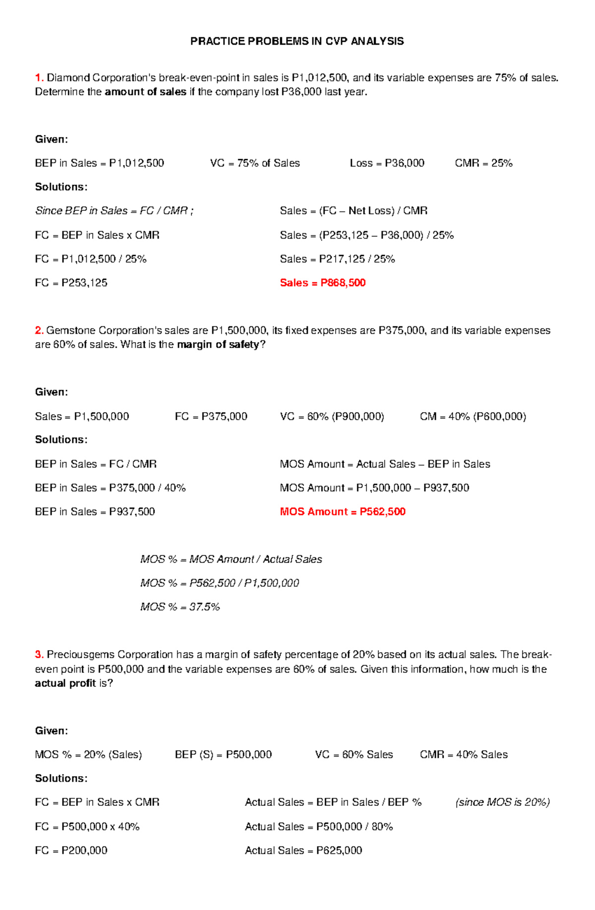 Cost Accounting Practice Problems in CVP Analysis PRACTICE PROBLEMS